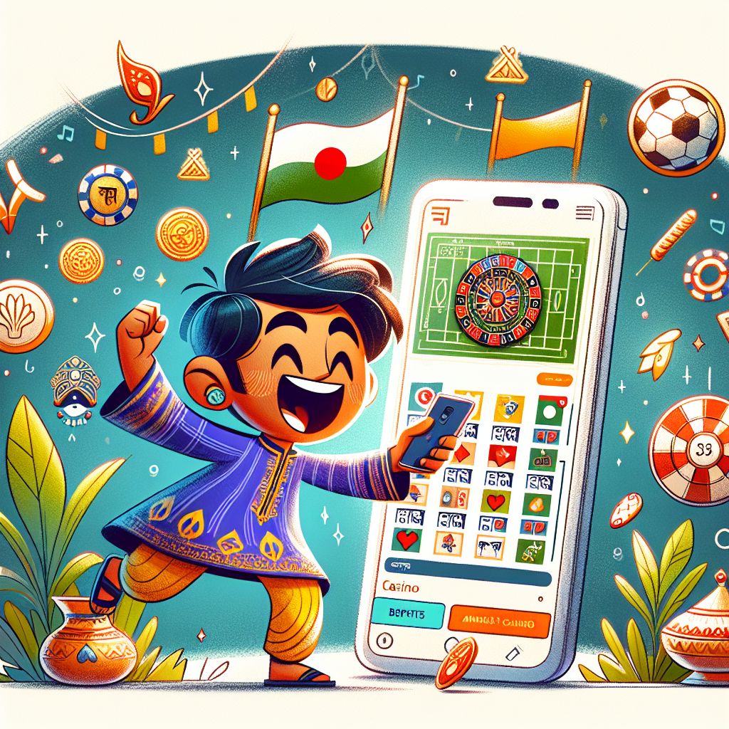 Cartoon character using a betting app on a smartphone with Bangladesh-themed elements