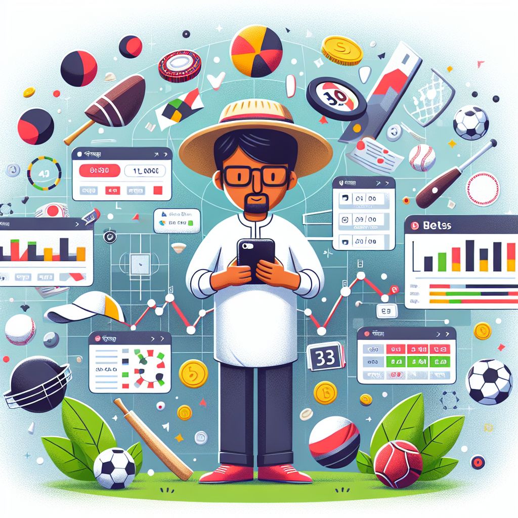 BGD55 bet themed cartoon character analyzing sports stats on a mobile phone