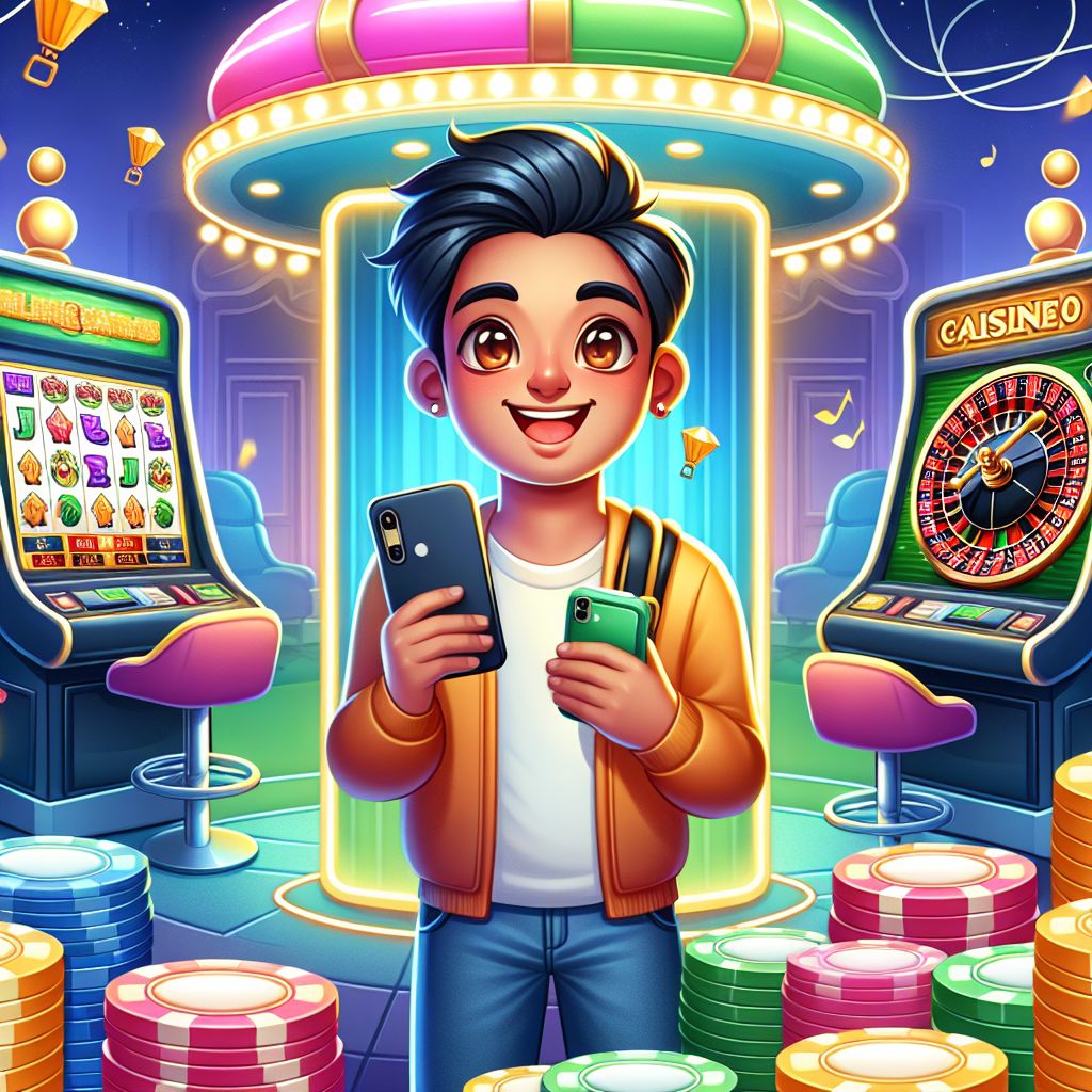 Cartoon Bangladeshi gamer in a bright casino environment with slot machines and chips
