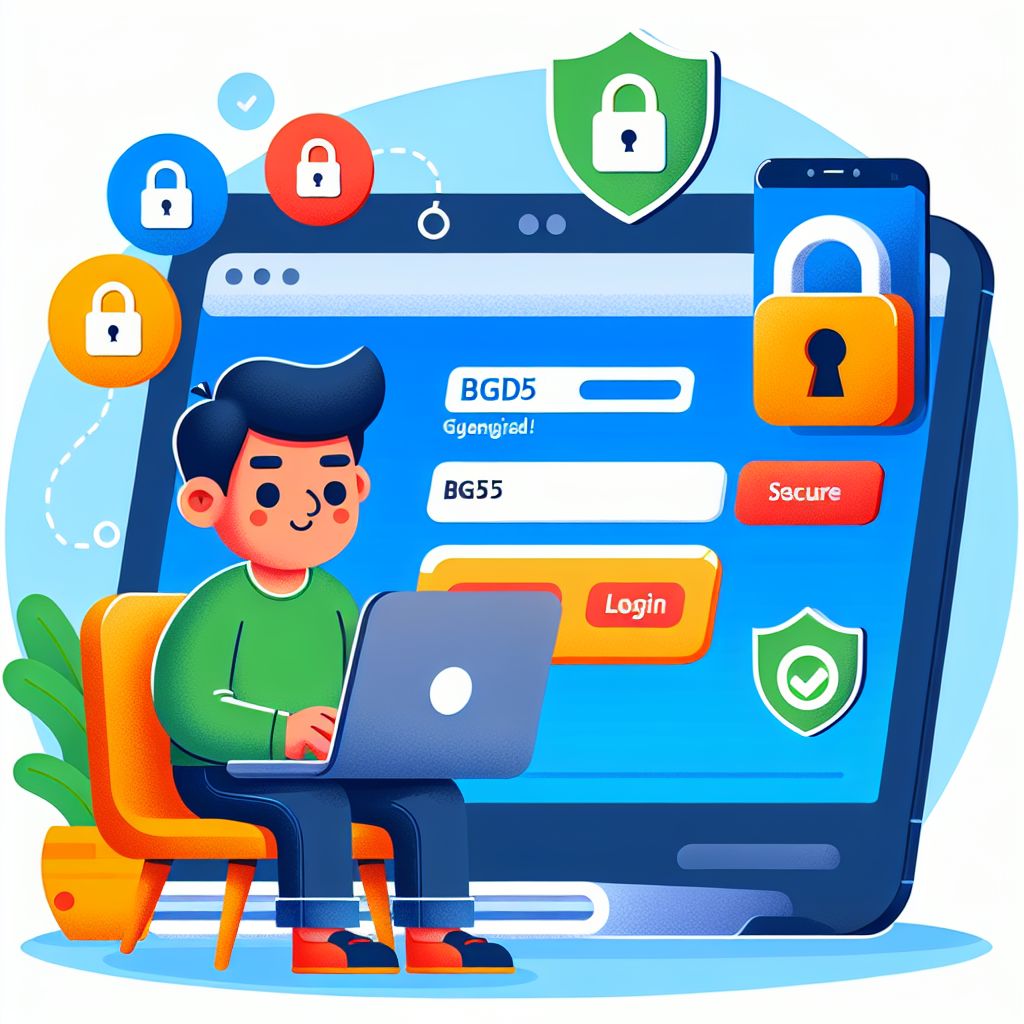 Cartoon character logging into BGD55 on a smartphone with secure lock icons