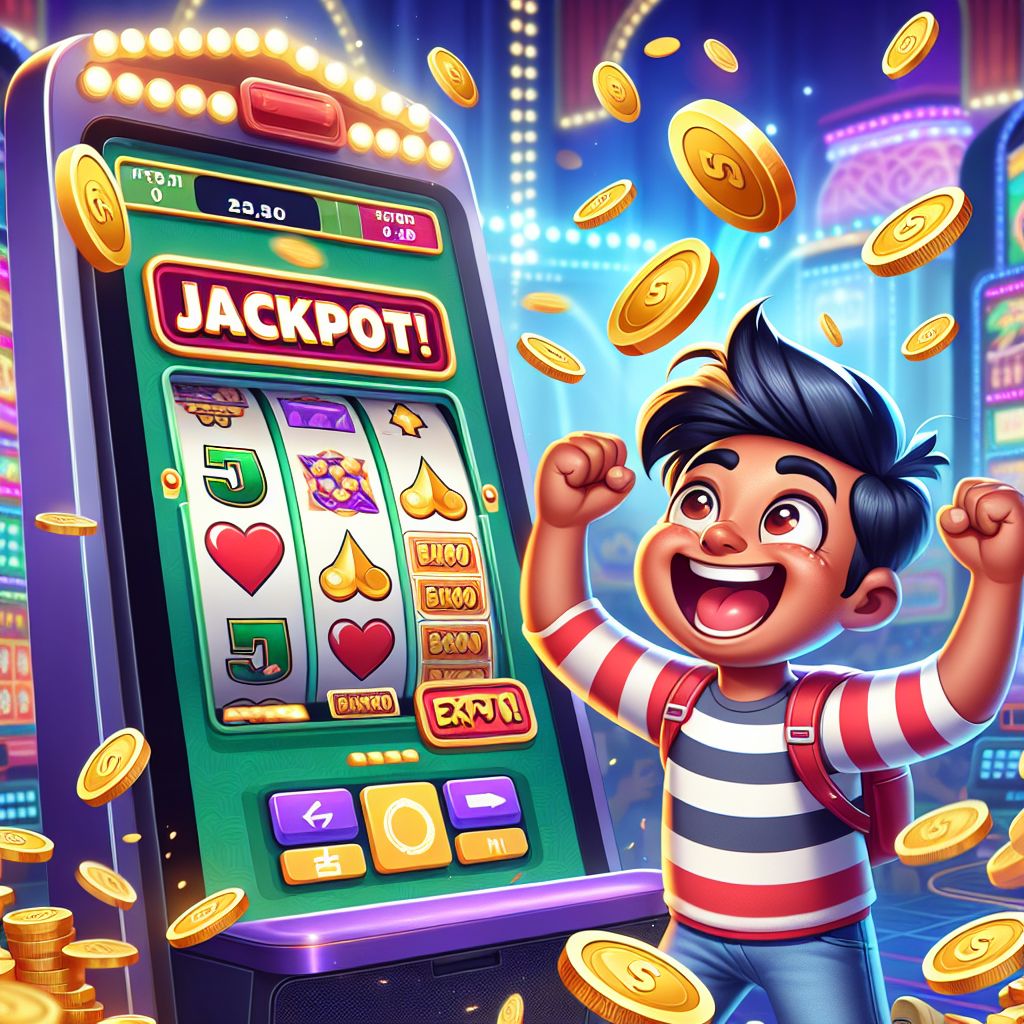Cartoon character spinning a slot machine with bright symbols and coins flying around